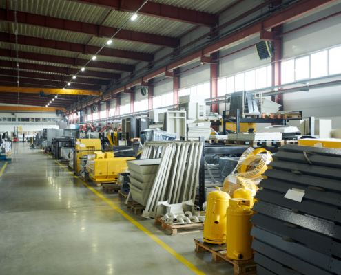 Wide angle shot of empty plant workshop with machines